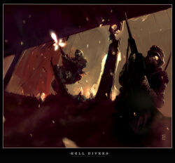  2boys armor artist_name assault_rifle banner blurry blurry_background bullet_hole combat_helmet concept_art english_text faux_traditional_media fighting firing gas_mask gun gun_sling helmet holding holding_gun holding_weapon knee_pads light_particles male_focus mask military military_uniform multiple_boys muzzle_flash nuclear_dawn pauldrons rappelling rifle shoulder_armor ukitakumuki war weapon 
