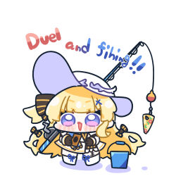  1girl black_bow black_gloves blonde_hair blue_eyes bow bucket chibi chibi_only commentary_request dress english_text fishing_rod full_body gloves hair_bow hair_ornament hat highres holding holding_fishing_rod long_hair looking_at_viewer open_mouth phoebe_(wuthering_waves) simple_background smile solo striped_bow syurikenmaru very_long_hair violet_eyes white_background white_dress white_hat wuthering_waves x_hair_ornament 