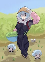  1girl aqua_hair arm_up ayanami_rei basket character_doll commentary day detached_sleeves doll english_commentary evangelion:_3.0+1.0_thrice_upon_a_time farm hat highres holding holding_basket kap.o looking_at_viewer mecha_pilot_suit mud neon_genesis_evangelion partially_submerged plant plugsuit_(evangelion) rebuild_of_evangelion solo stained_clothes straw_hat 