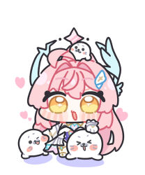  >_< 1girl :3 aemeath_(wuthering_waves) ahoge blush blush_stickers boots chibi chibi_only commentary_request creature_on_head dress full_body hair_intakes hair_ornament halo heart highres long_hair looking_at_viewer on_head open_mouth pink_hair seal_(animal) simple_background smile solo sparkling_eyes standing syurikenmaru very_long_hair white_background white_dress wuthering_waves yellow_eyes 