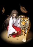  brown_hair japanese_clothes leaf leaves long_hair miko sandals sheath takatan tiger wind 