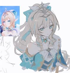  1girl aqua_eyes bare_shoulders blonde_hair breasts bright_pupils closed_mouth drill_hair game_screenshot_inset genshin_impact inagoinaire long_hair multicolored_hair pointy_ears screenshot_inset simple_background smile solo streaked_hair upper_body very_long_hair vesna_(genshin_impact) white_background white_pupils 