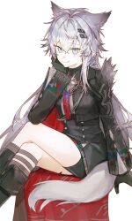  aiguillette animal_ears arknights black_boots black_gloves black_jacket black_skirt blue_eyes bolo_tie boots cape closed_mouth cnsmsoup commentary crossed_bangs crossed_legs feet_out_of_frame gloves grey_socks grey_tail hair_between_eyes hair_ornament hairclip hand_on_own_cheek hand_on_own_face high-waist_skirt highres invisible_chair jacket knee_boots kneehighs lappland_(arknights) lappland_the_decadenza_(arknights) long_sleeves looking_at_viewer multiple_hairclips red_cape simple_background sitting skirt smile socks tail white_background wolf_ears wolf_girl wolf_tail 