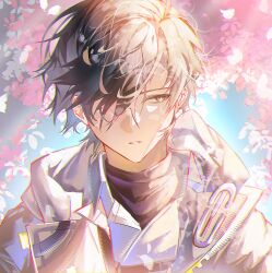  1boy arknights arknights:_endfield black_hair endministrator_(arknights) hair_over_one_eye highres jacket looking_to_the_side oka_(prozetxxxxx) outdoors portrait short_hair solo teeth 
