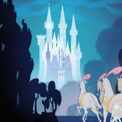  animal_focus blue_theme bridle cinderella_(disney_movie) cinderella_castle clock clock_tower clouds cloudy_sky commentary english_commentary facing_away highres night no_humans outdoors plume sarakipin silhouette sky sparkle tower tree white_horse 