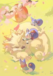  765_nanami claws closed_eyes digimon digimon_(creature) dog falling_petals food fruit full_body grass highres horns lion no_humans outdoors petals red_eyes siesamon single_horn tongue tongue_out two-tone_tail wankomon 