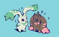  ? ?? arm_up arms_up blue_background brown_eyes commentary_request creature creature_focus digimon digimon_(creature) ears_up hand_on_own_face hands_on_own_face highres horns lopmon mobirou no_humans open_mouth simple_background single_horn standing terriermon triangle_mouth 