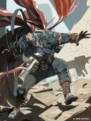  1boy blonde_hair boots captain_america captain_america_(series) clenched_teeth debris dissolving_clothes gloves highres holding holding_shield ishiwatari_daisuke jacket marvel marvel_tokon:_fighting_souls mask official_alternate_costume outstretched_arm shield solo steve_rogers teeth torn_clothes 