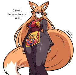  1girl animal_ear_fluff animal_ears black_dress breasts bright_pupils commentary commission dot_nose dress english_commentary english_text feet_out_of_frame fox_ears fox_girl fox_tail hair_between_eyes junko_(touhou) kemonomimi_mode ko~n large_breasts large_tail long_hair long_sleeves looking_down looking_to_the_side missing_headwear motion_lines open_mouth orange_hair orange_tail pale_skin phoenix_print red_eyes red_sash red_tabard rui_hill sash sidelocks simple_background skeb_commission solo standing sweatdrop tabard tail touhou very_long_hair white_background white_pupils yellow_trim 