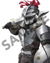  1boy armor artist_request belt black_gloves black_shirt broken_horns brown_belt brown_pants buckler cowboy_shot facing_ahead full_armor gloves goblin_slayer goblin_slayer! grey_armor grey_helmet hand_up helm helmet holding holding_shield holding_sword holding_weapon male_focus official_art over_shoulder pants plume sample_watermark second-party_source shield shirt simple_background solo standing sword sword_over_shoulder visor_(armor) watermark weapon weapon_over_shoulder white_background 