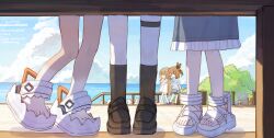 5girls black_shoes black_shorts black_socks blue_sky brown_eyes brown_hair clouds commentary_request day dress food frilled_skirt frills grey_skirt holding holding_food horizon loafers lucena_winter multiple_girls ocean one_side_up original outdoors popsicle sandals shirt shoes shorts shorts_under_skirt skindentation skirt sky sleeveless sleeveless_dress socks standing standing_on_one_leg striped_clothes striped_shirt tanlines water watermark white_dress white_sandals yuuhagi_(amaretto-no-natsu) 