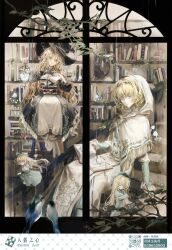  4girls absurdres alice_margatroid alternate_costume aqua_bow aqua_capelet aqua_dress aqua_eyes bird black_cat black_dress blonde_hair book book_stack bookshelf bow capelet cat chinese_commentary commentary_request doll dress green_hat grimoire hat highres holding holding_lantern holding_own_dress hood hood_up kirisame_marisa lantern long_hair looking_at_viewer multiple_girls mushroom one_eye_closed qr_code second-party_source shanghai_doll sitting sitting_on_stairs sleeping socks stairs touhou very_long_hair white_dress white_hood white_socks window witch_hat yellow_eyes yinyong_yu 