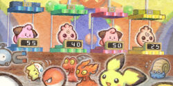  asirai blush_stickers cleffa competition flying_sweatdrops highres igglybuff magcargo magnemite no_humans omanyte pichu pokemon pokemon_(creature) pokemon_focus pokemon_stadium red_eyes score slugma togepi voltorb yellow_eyes 