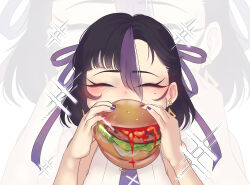  1girl absurdres black_hair blush bread_bun burger cchiii closed_eyes commentary_request earrings eating food goddess_of_victory:_nikke hair_ribbon highres holding holding_burger holding_food jewelry ketchup korean_commentary lettuce meat mole mole_under_eye multicolored_hair purple_hair purple_nails purple_ribbon ribbon shirt skirt sleeveless sleeveless_shirt solo streaked_hair syuen_(nikke) white_skirt white_streaks 