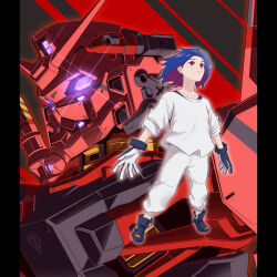  1boy blue_hair commentary_request emblem english_commentary extra_eyes gloves glowing gundam gundam_gquuuuuux highres js_71535 mecha mobile_suit red_eyes red_gundam robot roundel scene_reference science_fiction shuji_ito v-fin violet_eyes when_you_see_it zeon zero_gravity 