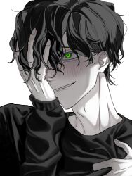  1boy biting_own_lip black_hair black_shirt blush clothes_grab crew_neck degrees_of_lewdity fingernails from_side green_eyes hair_over_one_eye hand_on_own_chest hand_on_own_face highres inverted_eyelashes kylar_(degrees_of_lewdity) kylar_(male)_(degrees_of_lewdity) long_sleeves looking_to_the_side male_focus one_eye_covered otameku parted_bangs portrait raised_inner_eyebrows sanpaku shirt short_hair sidelighting simple_background solo very_short_hair wavy_hair white_background 