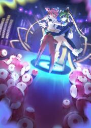 2girls android aqua_eyes aqua_hair aria_(human)_(zenless_zone_zero) aria_(zenless_zone_zero) chair commentary_request doidamon dress looking_at_another low_wings multicolored_hair multiple_girls on_chair pink_hair quad_tails robot_girl sitting sitting_on_lap sitting_on_person stage streaked_hair vesper_(zenless_zone_zero) white_dress wings youkai_(zenless_zone_zero) zenless_zone_zero 