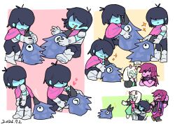  ... 1boy 1girl 1other antenna_hair armor armored_boots bird black_pants blue_hair blue_skin blush_stickers boots breastplate chibi chibi_only cloak closed_mouth colored_sclera colored_skin crossed_arms deltarune frown furry furry_male gauntlets goat_boy green-framed_eyewear green_cloak grey_boots highres horns hug kawkaw_(deltarune) kris_(dark_world)_(deltarune) kris_(deltarune) licking long_hair other_focus pants petting pink_horns pink_scarf posui0_0 purple_hair purple_skin ralsei reptile_girl scarf shaded_face short_hair spoken_ellipsis susie_(dark_world)_(deltarune) susie_(deltarune) utdr_(toby_fox) white_fur yellow_sclera 