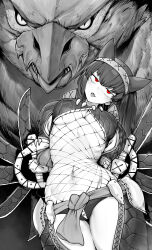  1girl 1other :p absurdres angry animal_ears bodystocking cat_ears commentary_request expressionless fishnet_bodystocking fishnets glaring head_tilt highres holding holding_weapon long_hair looking_at_viewer monster monster_hunter_(character) monster_hunter_(series) nargacuga nargacuga_(armor) navel ninja niwarhythm panties red_eyes slit_pupils tongue tongue_out underwear weapon 
