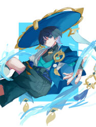  1boy absurdres arm_at_side asymmetrical_sleeves belt black_belt black_bodysuit black_bow black_bridal_gauntlets black_shorts blue_background blue_hat blue_jingasa blue_kimono blue_rope blue_sash blue_sleeves blunt_ends bodysuit border bow bridal_gauntlets choppy_bangs closed_mouth eyeliner furisode genshin_impact gold gold_ring hakama hakama_shorts hat highres japanese_clothes jingasa juban kimono leg_warmers looking_at_viewer makeup male_focus mandarin_collar middle_ring offering_hand open_clothes open_hand open_kimono pleated_shorts red_eyeliner rope sash scaramouche_(genshin_impact) short_sleeves shorts shoulder_peek smile solo split_mouth tassel tikumashi tsurime twitter_username violet_eyes wanderer_(genshin_impact) white_border white_kimono white_leg_warmers white_sleeves wind 