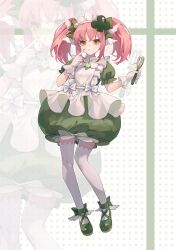  1girl amulet_clover ankle_bow anklet apron bow bubble_skirt closed_mouth club_(shape) collared_dress contrast_collar crumbs dot_nose dress eyelashes finger_to_cheek frilled_apron frilled_dress frilled_sleeves frills full_body gloves green_bow green_dress green_shoes hair_bow hair_ornament happy highres hinamori_amu holding holding_whisk humpty_lock_(shugo_chara!) jewelry knees light_blush light_smile magical_girl maid maid_headdress mary_janes medium_hair miix777 pink_hair puffy_short_sleeves puffy_sleeves shoes short_dress short_sleeves shugo_chara! skirt solo standing tareme thigh-highs third-party_source twintails whisk white_apron white_background white_gloves white_thighhighs wing_hair_ornament winged_shoes yellow_eyes zoom_layer 