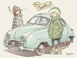  2girls beanie black_coat black_hair black_pantyhose blonde_hair blue_car blue_scarf boots brown_socks car coat cold commentary fringe_trim fur-trimmed_hood fur_trim green_coat grey_background grey_boots hands_in_pockets hat hood hood_down hood_up hooded_coat katsura_himeko looking_at_viewer looking_to_the_side motor_vehicle multiple_girls o_o pantyhose pun red_hat red_sweater ribbed_socks saab saab_92 scarf scarf_over_mouth sekihan simple_background socks speech_bubble standing striped_clothes striped_scarf sweater swedish_flag translated tsubaki_(zesshaka) turtleneck turtleneck_sweater two-tone_scarf yellow_scarf zesshaka!_shiritsu_yotsuwa_joshi_gakuin_zetsumetsu_kigu-sha_gakka 