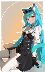  1girl absurdres animal_ear_fluff animal_ears aqua_eyes aqua_hair black_dress black_gloves blush cat_ears cat_girl cat_tail closed_mouth colored_eyelashes dress gloves highres long_hair looking_at_viewer mint_(nte) multicolored_hair neverness_to_everness pink_streaks pluie shrug_(clothing) streaked_hair tail thigh-highs thigh_strap two-tone_hair very_long_hair white_shrug white_thighhighs 