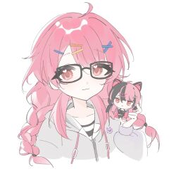  1girl ahoge bang_dream! bang_dream!_yumemita black-framed_eyewear braid character_doll closed_mouth commentary doll glasses hair_ornament hairclip highres holding holding_stuffed_toy long_hair long_sleeves looking_at_viewer low_twin_braids pink_hair puchisshu rectangular_eyewear red_eyes sengoku_yuno sengoku_yuno_(real) simple_background solo stuffed_animal stuffed_toy suiso322w toy twin_braids untranslatable_commentary 