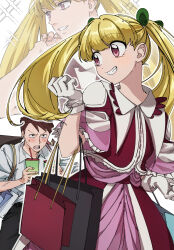  1boy 2girls bag biscuit_krueger blonde_hair blush brown_hair collared_shirt commentary_request cup dating dress drinking_straw frills gloves green_ribbon hair_ribbon happy highres holding holding_bag holding_cup hunter_x_hunter looking_at_another multiple_girls paper_bag pink_eyes re_tae44 ribbon shirt shopping shopping_bag short_hair smile sweatdrop twintails vergei_(hunter_x_hunter) white_gloves 