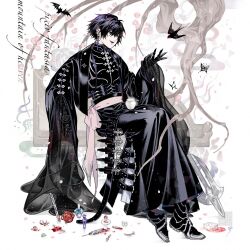 1boy bandolier bat_(animal) belt bird black_boots black_cloak black_gloves black_hair black_robe boots bottle bug butterfly cloak commentary_request copyright_name ear_piercing earrings fangs food fruit gloves grey_eyes hair_between_eyes highres invisible_chair jewelry knife pale_skin piercing pixiv_fantasia pixiv_fantasia_mountain_of_heaven pomegranate potion robe roro_(bob) ruiche_(mountain_of_heaven) scalpel sitting spill throwing_knife weapon wide_sleeves 