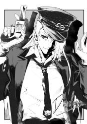 1boy absurdres alternate_costume asymmetrical_bangs bad_source black_eyeliner border character_name collared_shirt deidara_(naruto) dixieyyds earrings eyeliner gloves grey_background hat highres jewelry long_hair looking_at_viewer makeup male_focus monochrome naruto_(series) naruto_shippuuden necktie police shirt simple_background sketch smile solo white_border 