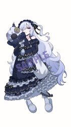  1girl arki_hrzoi bare_shoulders black_ribbon blue_dress blue_hairband bow collarbone commentary_request dress dress_bow frilled_dress frilled_hairband frilled_sleeves frilled_socks frills full_body gothic_lolita hair_over_one_eye hair_ribbon hairband highres holding holding_stuffed_toy jewelry layered_dress leg_ribbon lolita_fashion lolita_hairband long_hair long_sleeves looking_at_viewer mahou_shoujo_no_majo_saiban natsume_an-an necklace off-shoulder_dress off_shoulder one_eye_covered polka_dot polka_dot_bow ribbon sample_watermark simple_background sleeve_bow sleeves_past_fingers sleeves_past_wrists slippers socks solo stuffed_animal stuffed_sheep stuffed_toy violet_eyes watermark white_background white_hair white_slippers white_socks wide_sleeves 