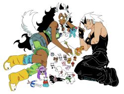  1boy 1girl animal_ears applejack arm_freckles arm_support beanie_babies black_hair black_pants black_shoes black_tank_top blue_leg_warmers blueey-jayzilla body_freckles boots commentary dark-skinned_female dark_skin dirk_strider dog_ears dog_girl dog_tail english_commentary fingerless_gloves fluffy_hair fluffy_tail freckles full_body furby glasses gloves green-framed_eyewear green_eyes green_leg_warmers green_nails highres holding holding_pencil homestuck index_finger_raised jade_harley kamina_shades leg_warmers littlest_pet_shop long_hair looking_at_another lying midriff mismatched_leg_warmers multicolored_hair my_little_pony navel o3o on_side orange_eyes pants patchwork_clothes pencil pink_nails rainbow_dash round_eyewear rubber_boots scar scar_on_arm scar_on_neck shoes shoulder_freckles signature spiky_hair sylvanian_families tail tank_top thigh_freckles two-tone_hair white_background white_hair yellow_boots 