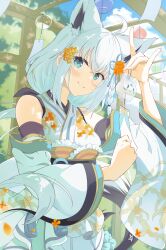  1girl absurdres ahoge animal_ear_fluff animal_ears aqua_eyes blurry blush braid breasts closed_mouth commentary depth_of_field detached_sleeves dot_nose floral_print floral_print_kimono flower fox_ears fox_girl fox_shadow_puppet fox_tail hair_between_eyes hair_flower hair_ornament highres hiragi_moka hololive japanese_clothes kimono long_hair looking_at_viewer low_ponytail medium_breasts outdoors pentagram ponytail print_kimono shirakami_fubuki side_braid sidelocks smile solo sukonbu_(shirakami_fubuki) tail virtual_youtuber white_hair white_kimono wide_sleeves wind_chime yukata 