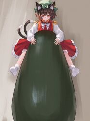  1girl animal_ear_fluff animal_ear_piercing animal_ears bow bowtie brown_eyes brown_hair cat_ears cat_tail chen chinese_commentary chunjiu closed_mouth commentary_request cucumber earrings frilled_skirt frills green_hat hat highres hoop_earrings jewelry long_sleeves mob_cap multiple_tails nekomata oversized_food oversized_object red_skirt red_vest shirt single_earring skirt smile socks solo tail touhou two_tails vest white_bow white_bowtie white_shirt white_socks 