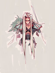 1boy alt_text aqua_eyes armor artist_name commentary cropped_torso english_commentary final_fantasy final_fantasy_vii highres long_hair looking_at_viewer male_focus michaelfirman no_mouth sephiroth shoulder_armor simple_background single_wing solid_eyes solo sword weapon white_hair wings 