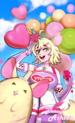  1girl absurdres ahoge animal_ears ashton_marten_(vtuber) balloon blonde_hair chinchilla_(animal) chinchilla_ears chinchilla_girl chinchilla_tail elbow_gloves gloves green_eyes hat highres indie_virtual_youtuber joe_westbrook looking_at_viewer open_mouth party_hat short_hair solo virtual_youtuber 