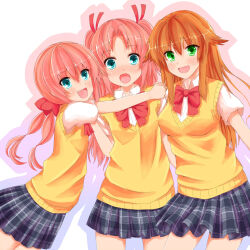  18_kin_(himegoto) 1girl 2boys :d arikawa_hime arikawa_kaguya blue_eyes blush bow bowtie boy_and_girl_sandwich brothers commentary_request cowboy_shot crossdressing crossdressing_(mtf) fang gradient_outline green_eyes hair_between_eyes hair_ribbon highres himegoto hug hug_from_side long_hair long_sidelocks looking_at_viewer low_twintails miniskirt multiple_boys munio open_mouth orange_hair outline parted_bangs pink_hair pink_outline plaid_clothes plaid_skirt pleated_skirt purple_outline red_bow red_bowtie red_ribbon ribbon sandwiched school_uniform short_sleeves siblings sidelocks simple_background skirt smile standing sweater_vest trap twintails two_side_up white_background yellow_sweater_vest 