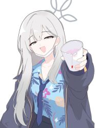  1girl blue_archive blue_jacket blue_necktie blue_shirt collared_shirt commentary cup disposable_cup floral_print floral_print_shirt grey_eyes grey_hair grey_halo halo hawaiian_shirt highres jacket konoka_(blue_archive) korean_commentary long_hair long_sleeves looking_at_viewer loose_necktie mask mask_pull mouth_mask necktie open_collar open_mouth print_shirt shirt simple_background smile solo surgical_mask upper_body white_background white_mask wjwjeet 