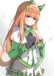  1girl absurdres animal_ears black_gloves blue_eyes blunt_bangs blush closed_mouth commentary_request ear_covers gloves green_trim highres horse_ears horse_girl horse_tail kaedemaru long_hair long_sleeves looking_at_viewer orange_hair orange_tail pleated_skirt puffy_sleeves shirt silence_suzuka_(innocent_silence)_(umamusume) silence_suzuka_(umamusume) simple_background skirt smile solo tail umamusume upper_body white_background white_shirt white_skirt 