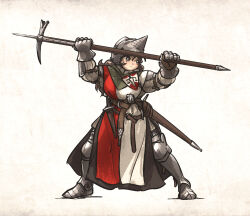 1girl armor bascinet belt brown_eyes brown_hair closed_mouth commentary english_commentary full_body helmet highres holding holding_polearm holding_weapon hounskull ironlily lady_lucerne_(ironlily) light_frown long_hair lucerne_hammer ordo_mediare_sisters_(ironlily) polearm polehammer sheath sheathed solo standing surcoat sword visor_(armor) weapon 
