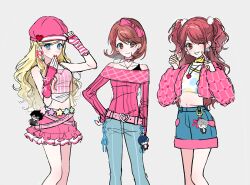 3girls alternate_costume amamiya_ren bare_legs bare_shoulders belt blonde_hair blue_eyes blue_nails blue_pants blue_skirt blush bow brown_eyes brown_hair buckle character_charm character_doll charm_(object) choker closed_mouth collarbone commentary_request crop_top cropped_jacket denim denim_skirt doll earrings fashion feet_out_of_frame fingerless_gloves flipped_hair gloves grey_background hair_bow hand_on_own_hip hat heart heart-shaped_buckle heart_choker heart_earrings heart_necklace heisei_retro highres hto1324 in-franchise_crossover jacket jeans jewelry korean_commentary kujikawa_rise long_hair long_sleeves looking_at_viewer midriff multiple_girls nail_polish narukami_yu necklace off-shoulder_sweater off_shoulder one_eye_closed open_clothes open_jacket pants persona persona_3 persona_4 persona_5 pink_belt pink_bow pink_choker pink_gloves pink_hat pink_jacket pink_nails pink_skirt pink_sweater ribbed_sweater short_hair skirt sleeves_past_wrists smile sweater takamaki_ann takeba_yukari tarot the_lovers_(tarot) trait_connection twintails wavy_hair yellow_nails yuuki_makoto_(persona_3)