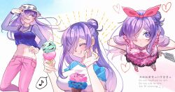  applebell555 apron bow crop_top eating female_shez_(fire_emblem) fire_emblem fire_emblem:_three_houses fire_emblem_warriors:_three_hopes food hair_bun heart highres ice_cream jewelry long_hair necklace purple_hair spatula violet_eyes 