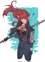  1girl armor black_gloves black_pants breastplate closed_mouth commentary corrupted_twitter_file floating_hair gloves highres holding holding_polearm holding_weapon hulkenberg_(metaphor:_refantazio) long_hair long_sleeves looking_at_viewer mel_(melmellie) metaphor:_refantazio pants pointy_ears polearm red_hair solo twitter_username untranslatable_commentary weapon 