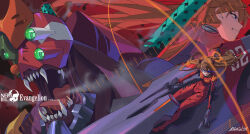  2girls beast_mode_(evangelion) blue_eyes bodysuit chinese_text clenched_teeth commentary_request copyright_name english_text eva_02 evangelion:_3.0_you_can_(not)_redo evangelion_(mecha) extra_eyes eyepatch full_body giant giant_monster glowing glowing_eyes green_eyes hair_between_eyes hair_ornament hairpods highres interface_headset_(evangelion) li-mi long_hair mecha mecha_pilot_suit multicolored_bodysuit multiple_girls neon_genesis_evangelion nerv_logo open_mouth orange_bodysuit orange_hair pilot plugsuit_(evangelion) rebuild_of_evangelion red_bodysuit robot science_fiction serious sharp_teeth sitting solo souryuu_asuka_langley teeth tongue 