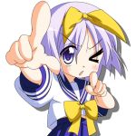  foreshortening hiiragi_tsukasa lucky_star pointing purple_hair rindou_(awoshakushi) school_uniform serafuku short_hair 