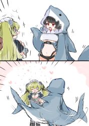  2girls animal_costume apron az79709363 black_hair breasts closed_eyes commentary_request corin_wickes ellen_joe fins fish_tail green_hair highres long_hair looking_at_another maid maid_apron maid_headdress multiple_girls open_mouth shark_costume shark_girl shark_tail short_hair standing tail twintails zenless_zone_zero 