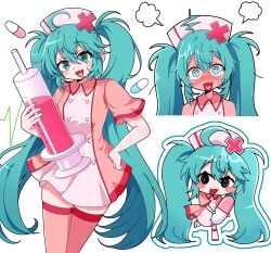  1girl aqua_eyes aqua_hair blush chibi chibi_inset commentary_request dress fang flustered hat hatsune_miku heart_tongue highres holding holding_syringe koiiro_byoutou_(vocaloid) long_hair looking_at_viewer mantenhyaku100 multiple_views nurse nurse_cap open_mouth oversized_object pill pink_dress short_sleeves skin_fang smile solo syringe thigh-highs twintails very_long_hair vocaloid white_background 