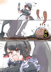  1girl apron az79709363 bad_id bad_twitter_id black_hair breasts collarbone ellen_joe fins fish_tail handheld_electric_fan highres holding maid maid_apron multicolored_hair open_mouth red_eyes red_hair shark_girl shark_tail short_hair solo tail tears zenless_zone_zero 
