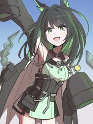  1girl ahoge animal_ears arknights arm_up armpits bare_shoulders black_hair black_jacket black_shorts blue_background blush breasts cat_ears commentary crystal crystal_tail dress emoji fake_animal_ears gradient_background green_dress green_eyes green_hair highres jacket long_hair looking_at_viewer medium_breasts mon3tr_(arknights) multicolored_hair open_clothes open_jacket open_mouth shorts shorts_under_dress sleeves_past_fingers sleeves_past_wrists smile solo streaked_hair tail tanakarashii waving 